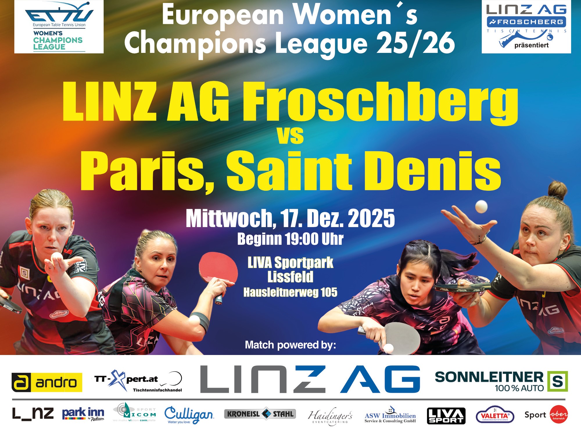 Damen Champions League - Heimspiel am Mittwoch, 17 Dezember 2025 Beginn 19 Uhr