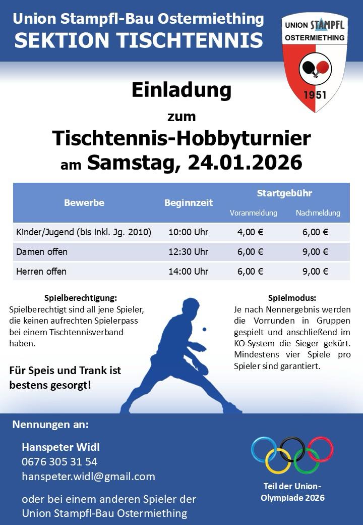 Union Stampfl-Bau Ostermiething lädt zum Tischtennis-Hobbyturnier