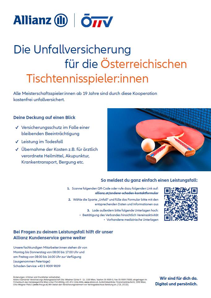 Kostenlose Unfallversicherung für die ÖTTV Tischtennisspieler:innen