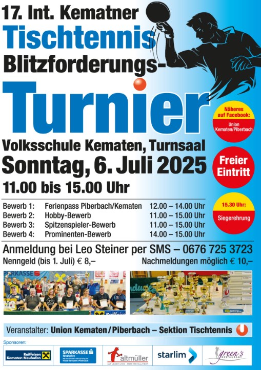 Union Kematen/Piberbach lädt zu Blitzforderungsturnier
